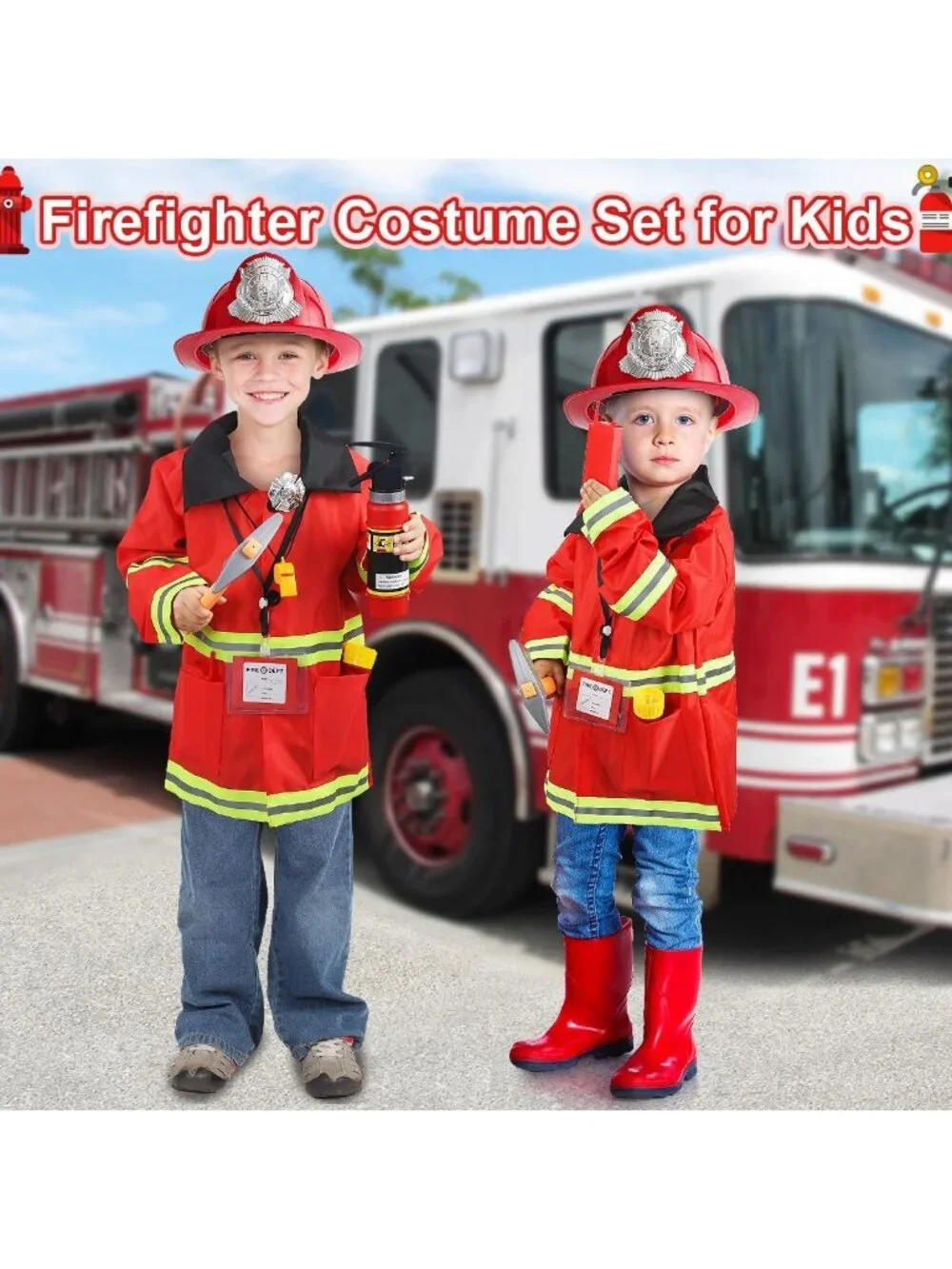 Kids Firefighter Costume Set - 10 Pcs Role Play Outfit & Toy Accessories for